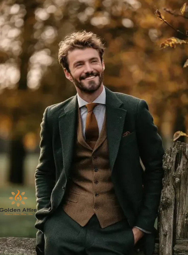 Premium Green Tweed 3-Piece Wedding Suit. Elegant Groom Outfit with brown Waistcoat