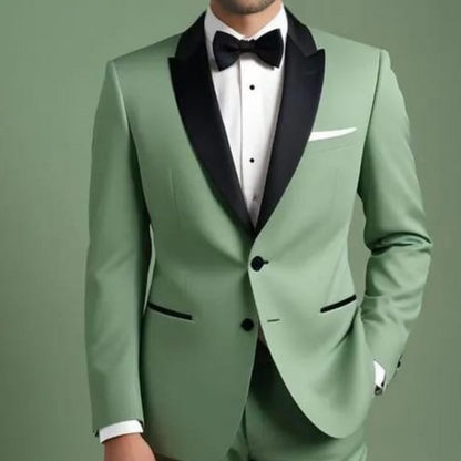 Sage Green Two Piece Suit with Black Lapel and Black Buttons
