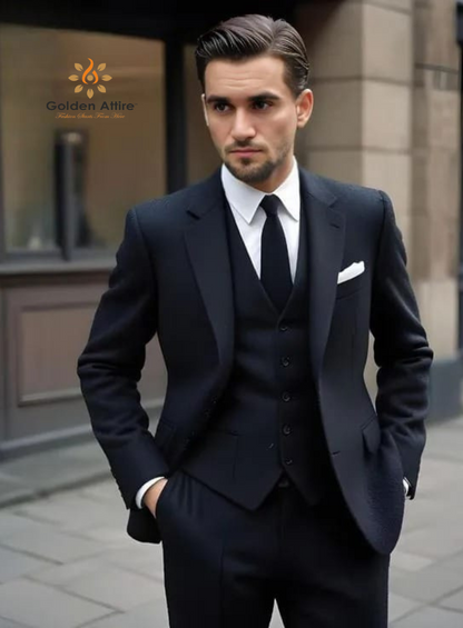 Classic Navy Blue Three-Piece Suit - Terry Rayon Fabric, White Shirt & Blue Tie