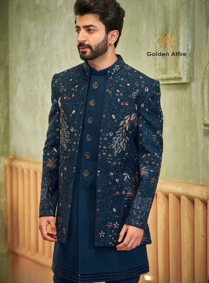 Elegant Peacock Blue Indo Western with Intricate Thread Embroidery