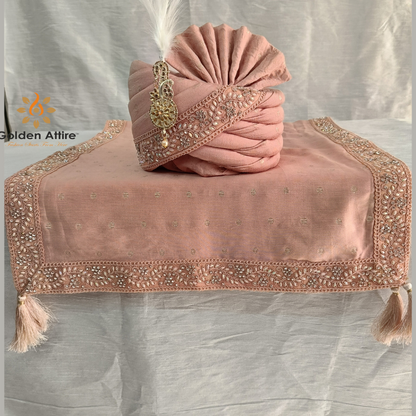 Luxurious Dusty Rose Groom Turban Shawl in Silk with Lace Detailing – Lightweight & Adjustable (Shawl 65x250 cm)