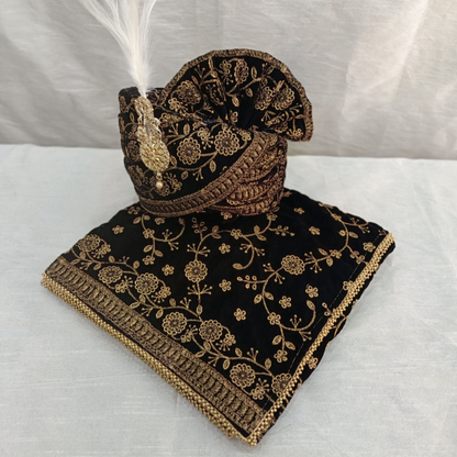 Elegant Black Velvet Groom Turban Shawl with Golden Thread Embroidery & Removable Kalangi – Lightweight & Adjustable  (Shawl 65x250 cm)