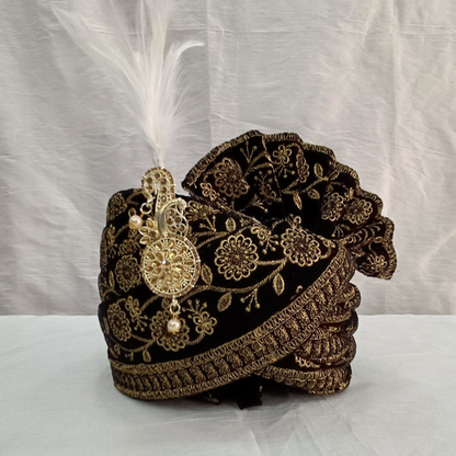 Elegant Black Velvet Groom Turban Shawl with Golden Thread Embroidery & Removable Kalangi – Lightweight & Adjustable  (Shawl 65x250 cm)