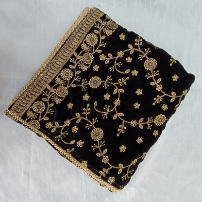 Elegant Black Velvet Groom Turban Shawl with Golden Thread Embroidery & Removable Kalangi – Lightweight & Adjustable  (Shawl 65x250 cm)