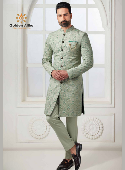 Royal Sage Green Velvet Groom Sherwani Indo-Western with Intricate Thread Embroidery