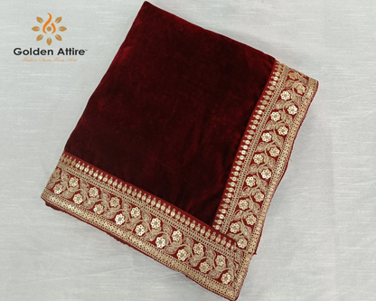 Elegant Red Velvet Groom Turban Shawl with Lace Detailing – Lightweight & Adjustable for Weddings & Special Occasions
