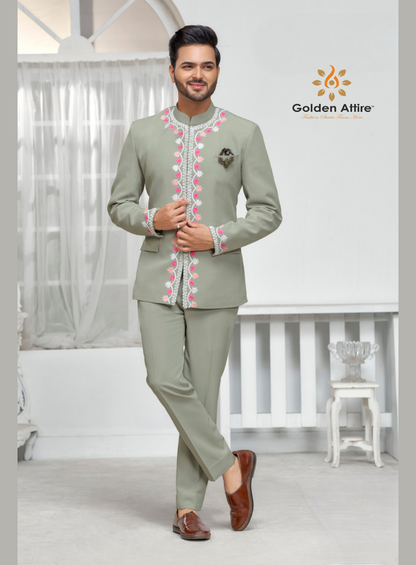 Custom Sage Green Jodhpuri Suit. with Intricate Thread Embroidery