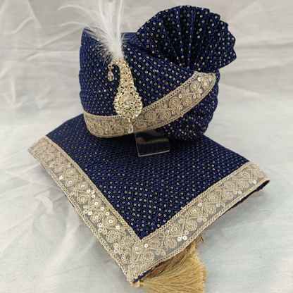 Royal Navy Blue Velvet Turban Shawl with Golden Lace & Embroidery – Adjustable Velcro Closure | Luxurious Elegance