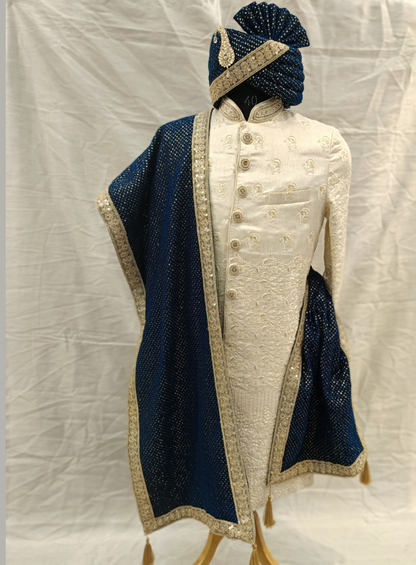 Royal Navy Blue Velvet Turban Shawl with Golden Lace & Embroidery – Adjustable Velcro Closure | Luxurious Elegance