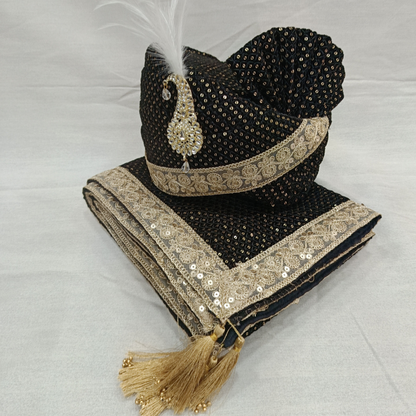Regal Black Velvet Groom Turban Shawl with Golden Lace & Removable Cream Kalangi | Adjustable Velcro Design for Timeless Elegance (Shawl 65x250 cm)