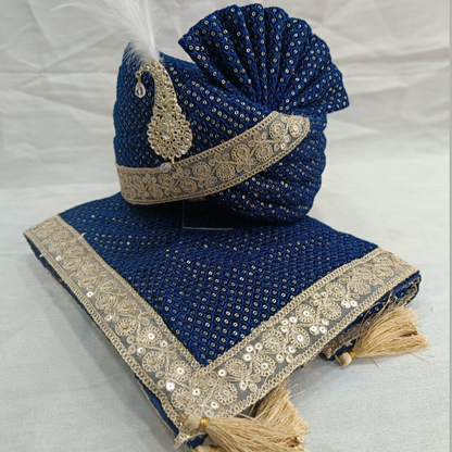 Royal Twill Blue Velvet Groom Turban Shawl with Golden Lace & Detachable Cream Kalangi | Adjustable Velcro  (Shawl 65x250 cm)