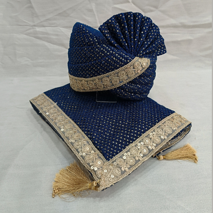 Royal Twill Blue Velvet Groom Turban Shawl with Golden Lace & Detachable Cream Kalangi | Adjustable Velcro  (Shawl 65x250 cm)