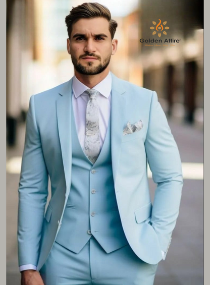 Sky Blue Three Piece Suit Set – Customizable Elegance with White Shirt