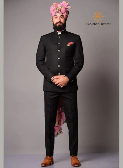 Regal Black Jodhpuri Suit – with Copper Meenakari Buttons