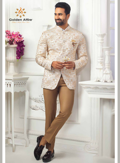 Customizable Beige Jodhpuri Suit in Luxurious Jacquard Fabric – Timeless Elegance, Tailored to You