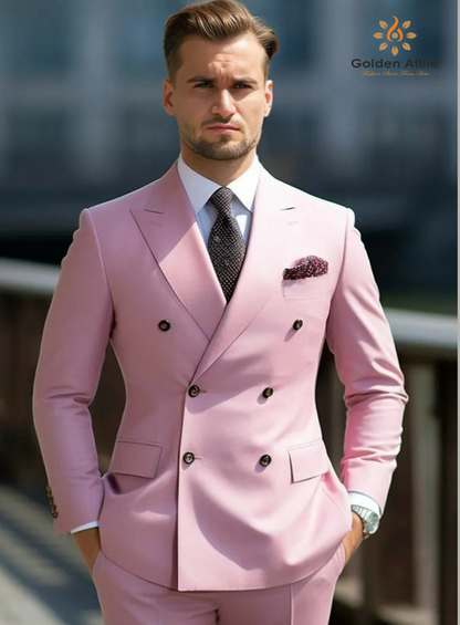 Elegant Double-Breasted Pink Suit - Customizable Fit | 70% Polyester 30% Viscose | Perfect for Formal & Special Occasions