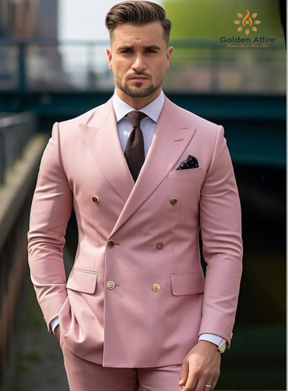 Golden Attire Exclusive: Dusty Rose Double-Breasted Suit✨ | Customizable Luxury  | Free White Shirt & Earthy Brown Tie
