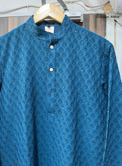 Regal Peacock Blue Handcrafted Kurta with Embroidered Elegance | Golden Attire's Customizable Cotton Ensemble
