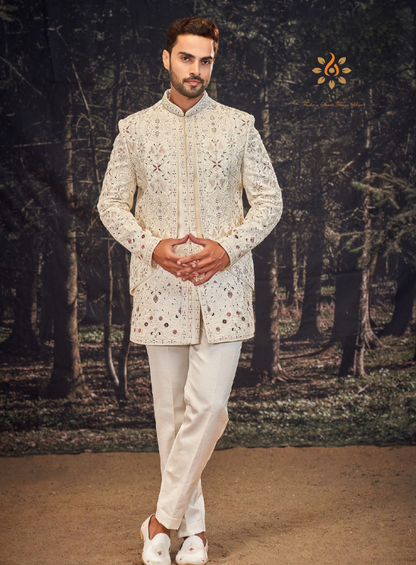 Ivory Elegance: Bespoke Silk Sherwani & Indo-Western Groom Set | Golden Attire’s Zardozi & Threadwork Masterpiece