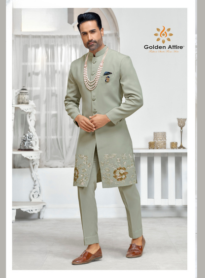 Sage green Bespoke Indo Western Sherwani Set, Golden Attire’s Zardozi & Thread Embroidered Groom Masterpiece