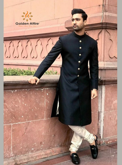 Elegance: Bespoke Black Indo Western Achkan Set | Golden Attire’s Ivory Meenakari & Terry Rayon Luxury