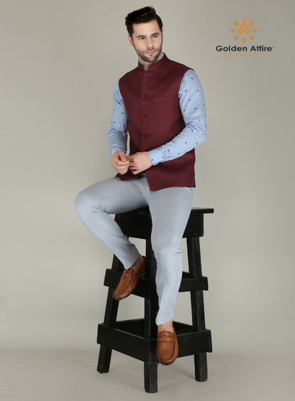 Golden Attire | Timeless Maroon Nehru Jacket  | Sustainable Jute Fabric | Customizable Design