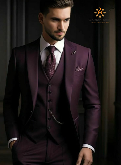 Golden Attire | Royal Purple Three-Piece Suit Customizable Fit with White Shirt & Purple Tie