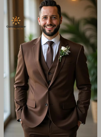 Golden Attire Luxe Dark Brown Three Piece Suit Customizable Fit for Modern Sophistication