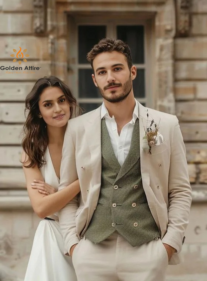 Golden Attire Elegant Cream Three-Piece Suit | Terry Rayon Luxury | Customizable Fit with Bold Green Vest