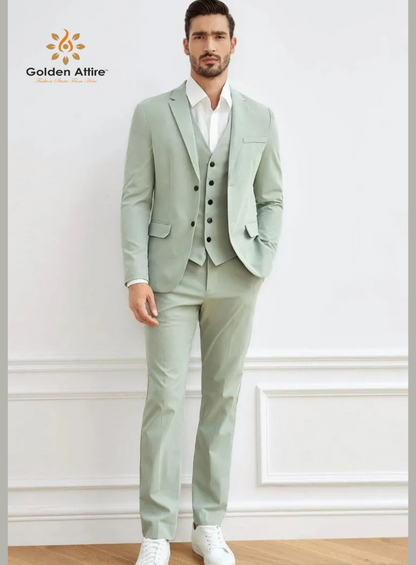 Golden Attire Sage Green Three-Piece Suit | Terry Rayon Elegance | Customizable Fit with Bold Black Accents