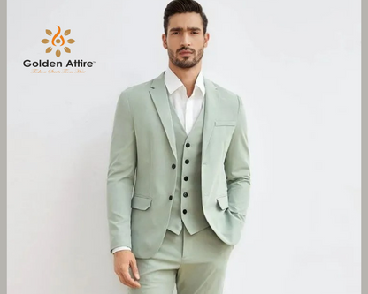 Golden Attire Sage Green Three-Piece Suit | Terry Rayon Elegance | Customizable Fit with Bold Black Accents