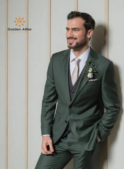 Golden Attire's Emerald Elegance | Custom-Tailored 3-Piece Terry Rayon Suit with Dark Grey Vest & Crisp White Shirt