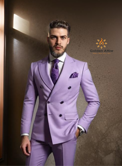 Golden Attire Luxe Lavender Double-Breasted Terry Rayon Suit | Customizable Premium Fit | White Shirt & Black Button Elegance