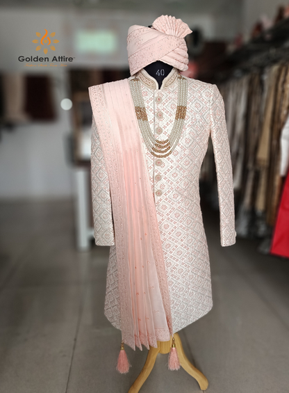 Golden Attire Ivory Groom Sherwani | Premium Viscose & Silk | All Over Thread Embroidery & Front Zardosi Pink Accents | Customizable Wedding Wear