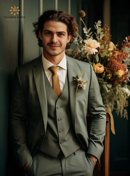 Golden Attire Sage Green Three-Piece Suit | Timeless Elegance, Custom Crafted for You