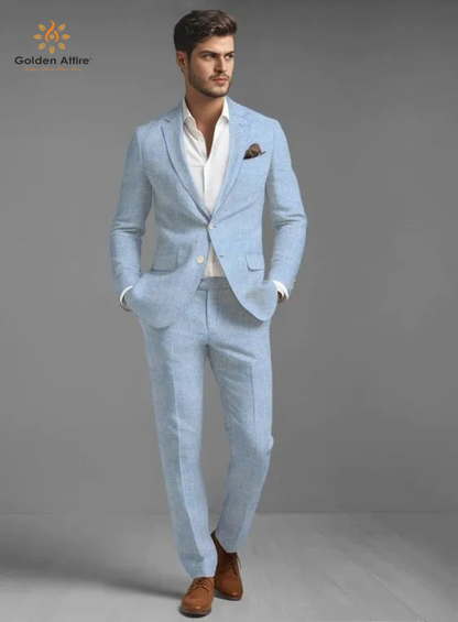 Sky Breeze Elegance  Premium Linen Two Piece Summer Suit, Customizable Fit with White Shirt & White Buttons
