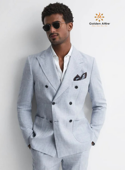 Sky Blue Linen Double-Breasted Summer Suit with White Shirt & Black Buttons | Customizable Tailoring for the Perfect Fit