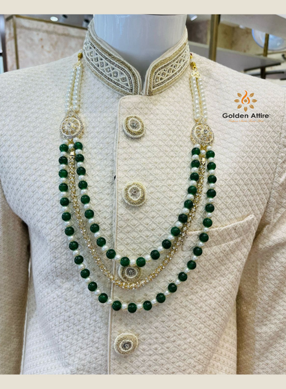 Elegant Green Three-Layered Pearl Mala Necklace for Groom | Stone Detailing Wedding Jewelry | Handcrafted Ethnic Groom Accessory