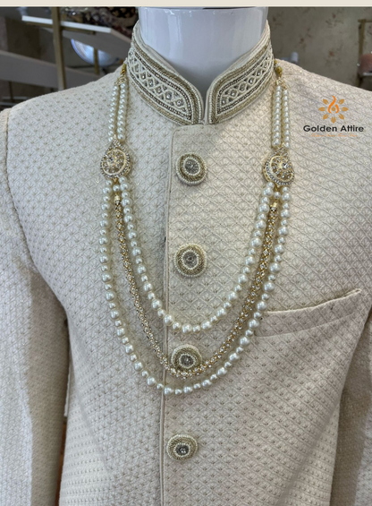 Ivory Elegance: Three-Layered Pearl Mala Groom Necklace with Exquisite Stone Detailing for Sherwani Perfection