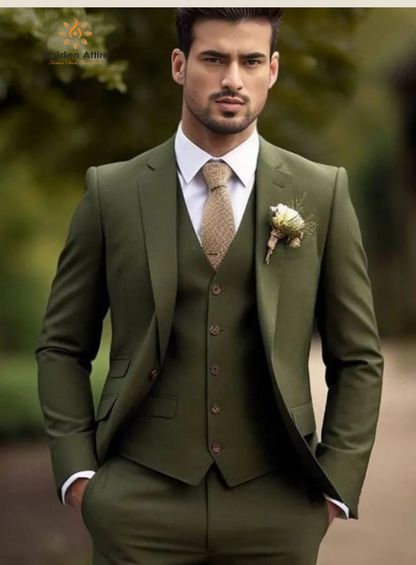 Elegant Olive Green Three Piece Suit | Customizable Fit | Includes White Shirt & Tie | Premium Comfort & Style