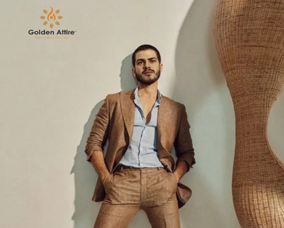 Stylish Brown Two-Piece Groom Suit | Summer Comfort Linen Fabric & Sky Blue Shirt | Customizable Design