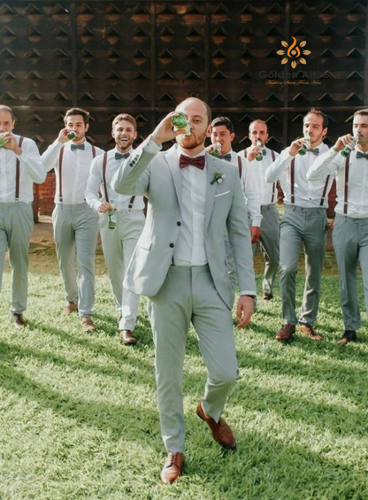 Elegant Sage Green Two-Piece Groom Suit | Comfortable Fabric with White Shirt & Black Buttons | Customizable Wedding Attire for the Modern Groom