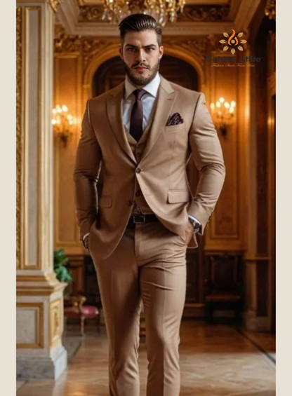 Golden Attire Light Brown Terry Rayon Groom Suit | Premium 3-Piece Wedding Ensemble | Breathable & Comfortable Fit | Free Global Shipping