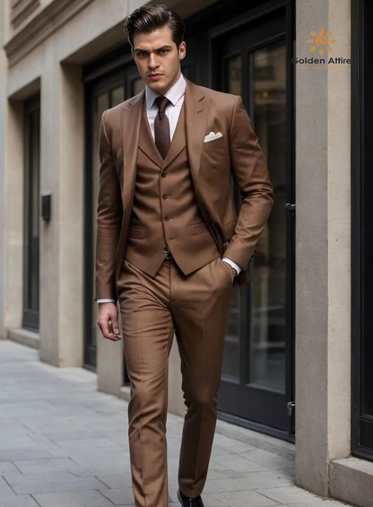 Golden Attire Men's Brown Three-Piece Comfortable Groom Suit | Customizable & Free Worldwide Shipping