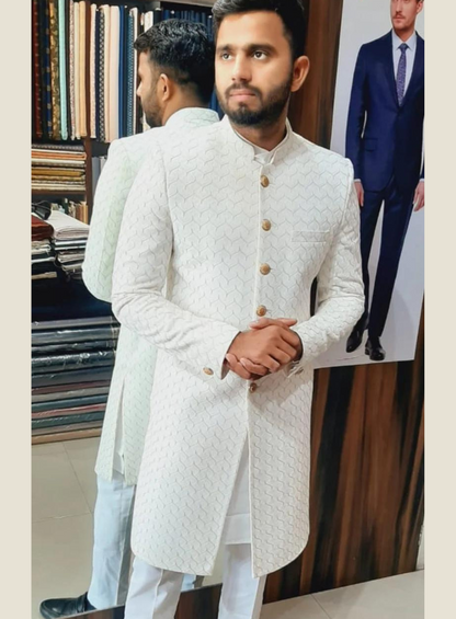 Golden Attire White Velvet Indo-Western Groom Sherwani, All-Over Thread Embroidery, Comfort Fit & Customizable