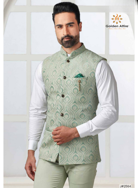 Golden Attire Sage Green Velvet Nehru Jacket | Customizable Elegance with All-Over Thread Embroidery