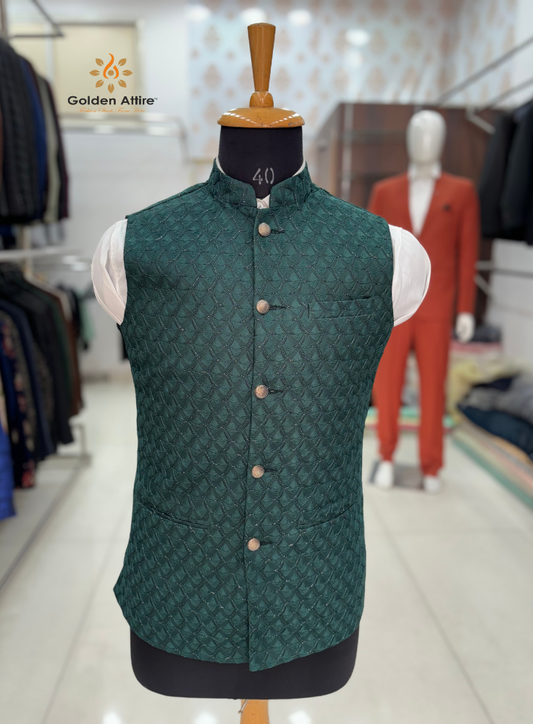 Golden Attire | Emerald Green Velvet Nehru Jacket | Luxurious Customizable Bundis with All-Over Embroidery
