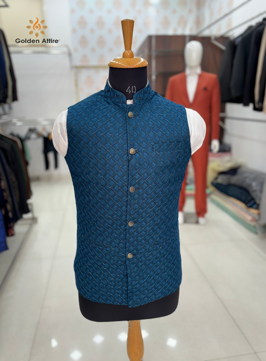 Royal Peacock Blue Bundis Nehru Jacket | Luxurious Velvet with All-Over Thread Embroidery | Customizable Design & Free Worldwide Shipping | Golden Attire