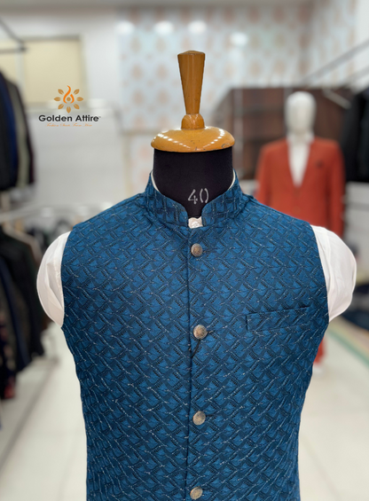 Royal Peacock Blue Bundis Nehru Jacket | Luxurious Velvet with All-Over Thread Embroidery | Customizable Design & Free Worldwide Shipping | Golden Attire