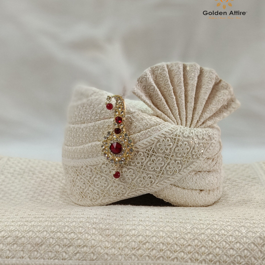 Ivory Embroidered Groom Turban | Lightweight & Adjustable Wedding Headwear for Sherwani